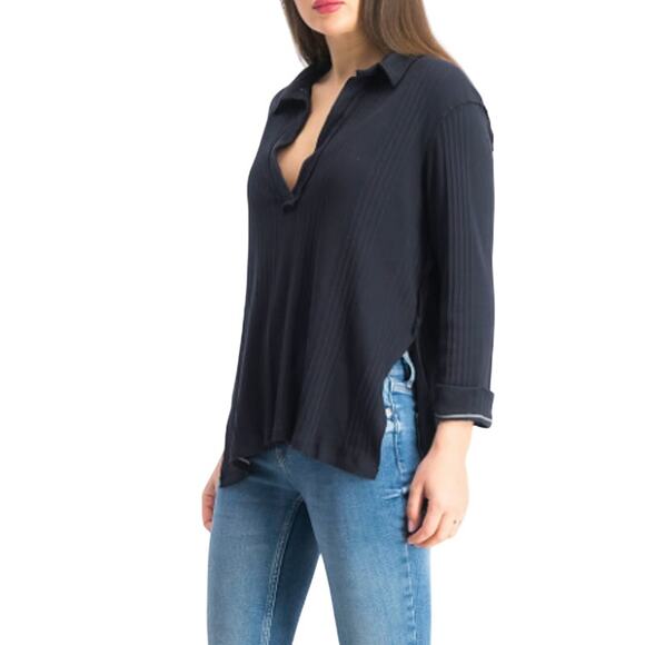 FREE PEOPLE Annie Rib Knit Collared Top Women S Navy Boho Stylish Travel Resort - Picture 2 of 15